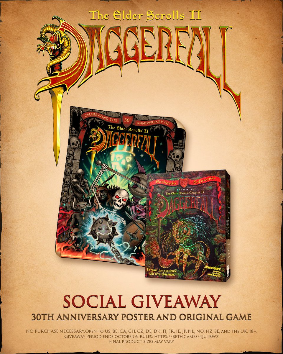 ElderScrolls's tweet photo. Want to get your hands on an original copy of The Elder Scrolls II: Daggerfall? Now's your chance! 

To celebrate Daggerfall's recent 30th Anniversary, we're giving one lucky winner the original game along with a poster illustrated by @samdunn of @PosterPosse. Follow and repost to enter, and a winner will be messaged in a week!

Full rules: https://t.co/jRlOry628V