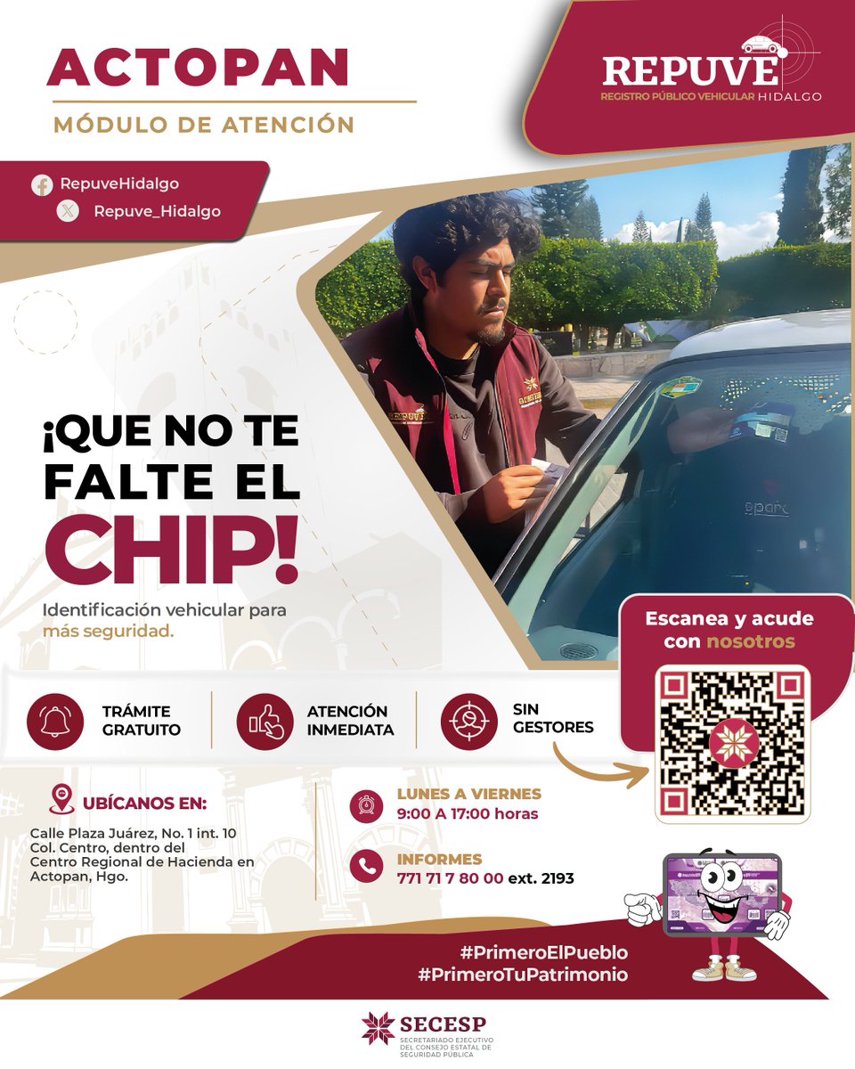 Srio_CespHgo's tweet photo. ⚠️ ¡Atención, #Actopan!
¿Tu vehículo ya está registrado en el #REPUVE?
Si aún no, ¡no esperes más! 👇
🚗✅ El trámite es GRATUITO, rápido y te ayuda a proteger tu patrimonio.
#PrimeroTuPatrimonio https://t.co/j2QavPOaPM