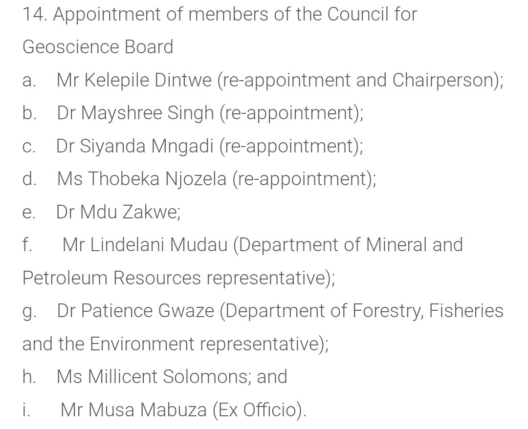 CoruscaKhaya's tweet photo. Today's Cabinet Statement was all about appointments and reappointments. May possibly be a new record of number of confirmed executive and non-executive appointments. 

Starting from the top - 3 DGs and 4 DDGs got the nod today.

5 CEOs have been appointed at GPW, ATNS, ACSA, the RAF and the IDT.

Mr Johannes Moholola flies into the hot seat at ATNS after Nozipho Mdawe and the board led by Zola Majavu decided to part ways last summer. 

Mr Waseem Carrim moves from Acting CEO at NSFAS to permanent CEO at the RAF.

Siphamandla Mthethwa succeeds Mpumi Mpofu at ACSA.

Alford Nsibande steps into the vacuum left by Tebogo Malaka who famously decided to have lunch with a journalist @PLMyburgh (Bravo investigative journalism)

And as we all know - @mteton has been reappointed as @Eskom_SA chairperson 

It's all about stability at the Geosciences Council with 4 reappointments and Mdu Zakwe - the erstwhile CEO at MICT SETA - a new addition to the Council alongside ministerial representatives.

The AEMFC board has been refreshed (special shout out to Bonga Makhanya for stepping up).

At the DBSA - no need to hire a new photographer for the board picture as all have been reappointed with one addition - Mametja Moshe who is the CEO of Moshe Capital and erstwhile NEC member at @ABSIP