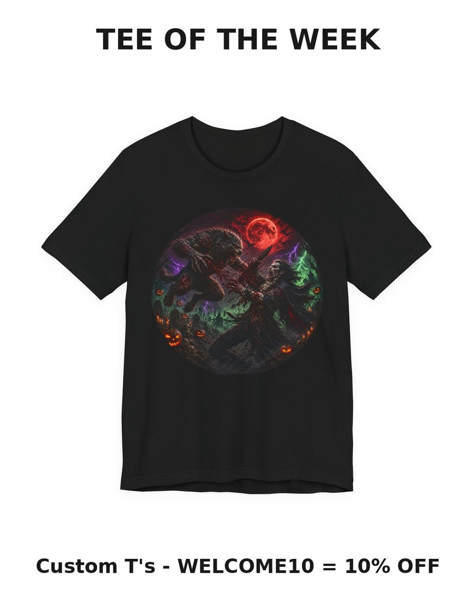 CustomTeees's tweet photo. Team Wolf or Team Fang? The Halloween Nightmares Tee settles it: red moon, gothic pumpkins, and a full monster brawl on one shirt. 🐺🩸
🎃 Order by Oct 15 for Halloween arrival (standard shipping). WELCOME10 = 10% off.
https://t.co/xVOr1EXZTn https://t.co/mg7FOoguAz
