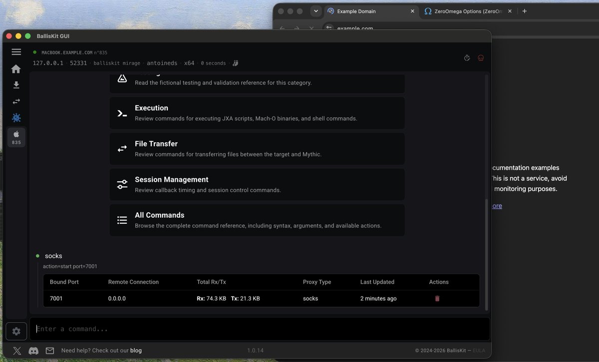 BallisKit's tweet photo. Need to pivot through a macOS target during a Red Team operation? 🍎
Mirage C2 includes built-in SOCKS proxying, letting operators route traffic through a compromised Mac and reach resources beyond the initial foothold.
Start it. Pivot. Keep moving.
Part of DarwinOps by BallisKit.
#RedTeam #macOS