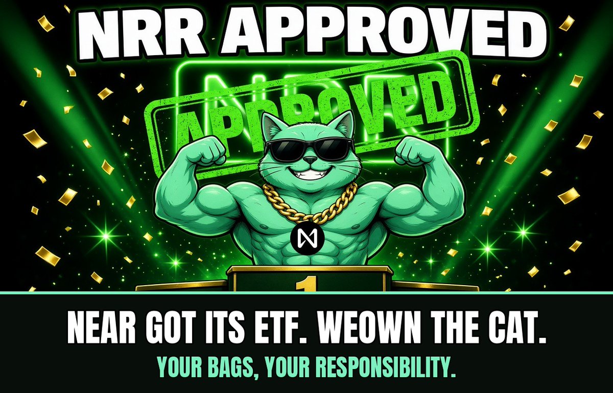 WeOwnSol's tweet photo. NEAR's ETF just got approved under the ticker NRR. Wall Street gets a fund, and we get a cat in sunglasses who never sells. WeOwn the cat. $WEOWN #WeOwn #NEAR #NRR #NEARETF #Solana #memecoin #StonkFun https://t.co/Pt6TQTnN3d