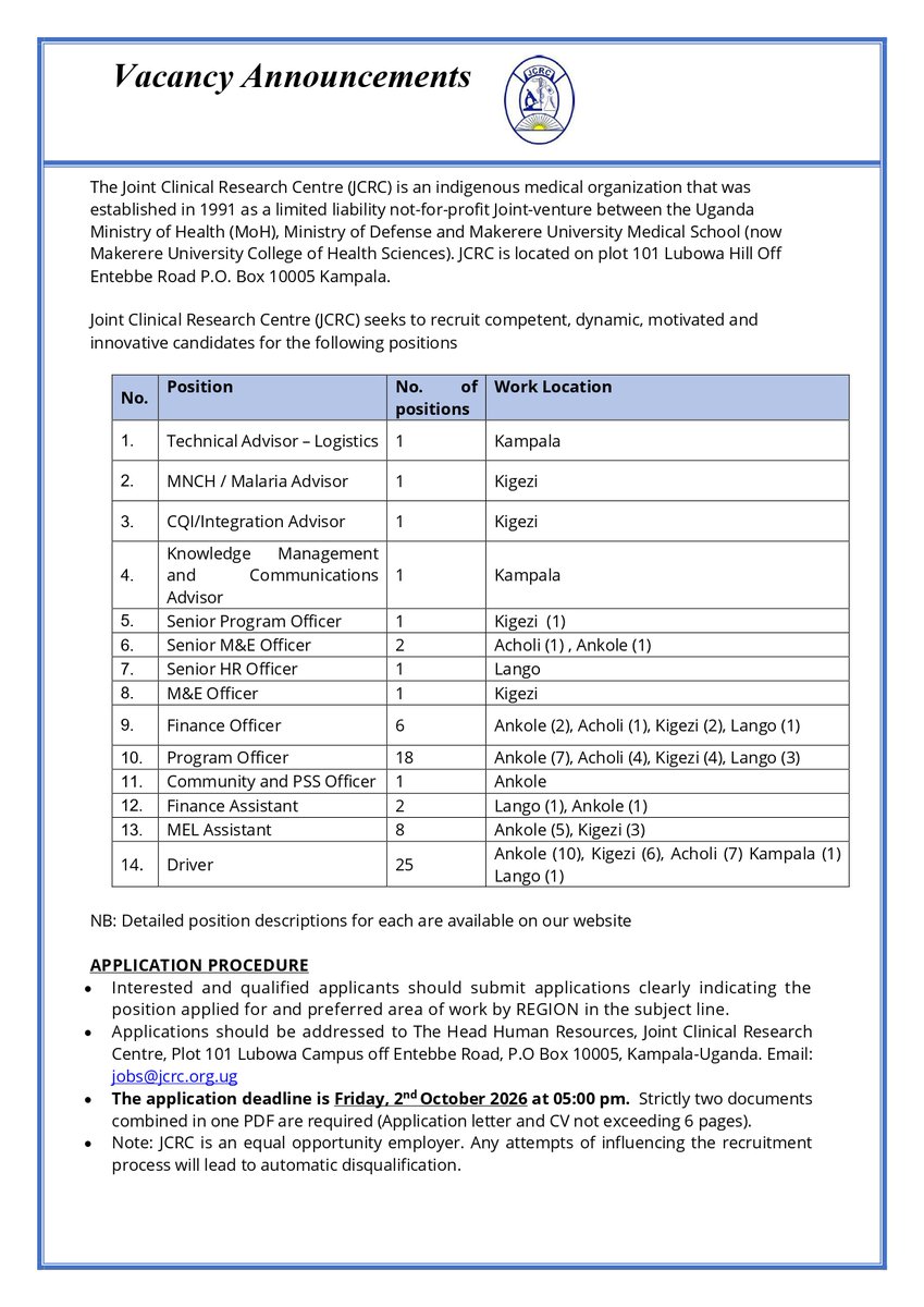 jcrc_official1's tweet photo. Just when you thought your CV was safe… we’re back with more opportunities! 

JCRC is recruiting across multiple regions for exciting roles under the AFGHS-GHS in:
🔹 Programs
🔹 Monitoring & Evaluation
🔹 Finance & Operations   

Find full job descriptions on our website https://t.co/LxqwNA0Sj4

🗓 Deadline: Friday, 2nd October 2026 | 5:00 PM   
✉️ Submit 1 combined PDF (CV + Cover Letter, max 6 pages) to jobs@jcrc.org.ug.   Tag someone who shouldn't miss this! 👇

#NowHiring #JCRCJobs #CareerUganda #HealthJobs