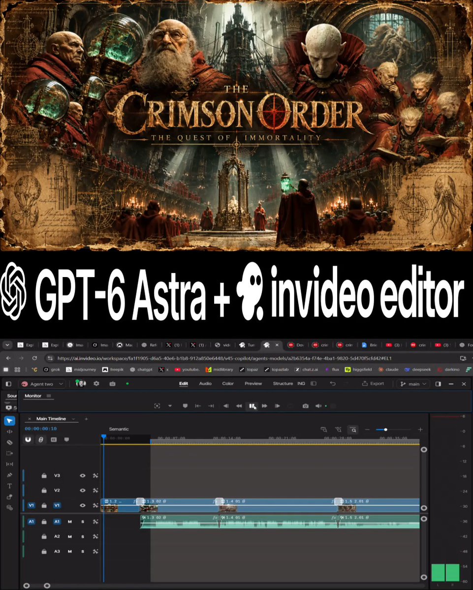 A composite promotional image featuring fantasy artwork titled 'THE CRIMSON ORDER - THE QUEST OF IMMORTALITY,' alongside the text 'GPT-6 Astra + invideo editor' and a screenshot of a video editing interface.