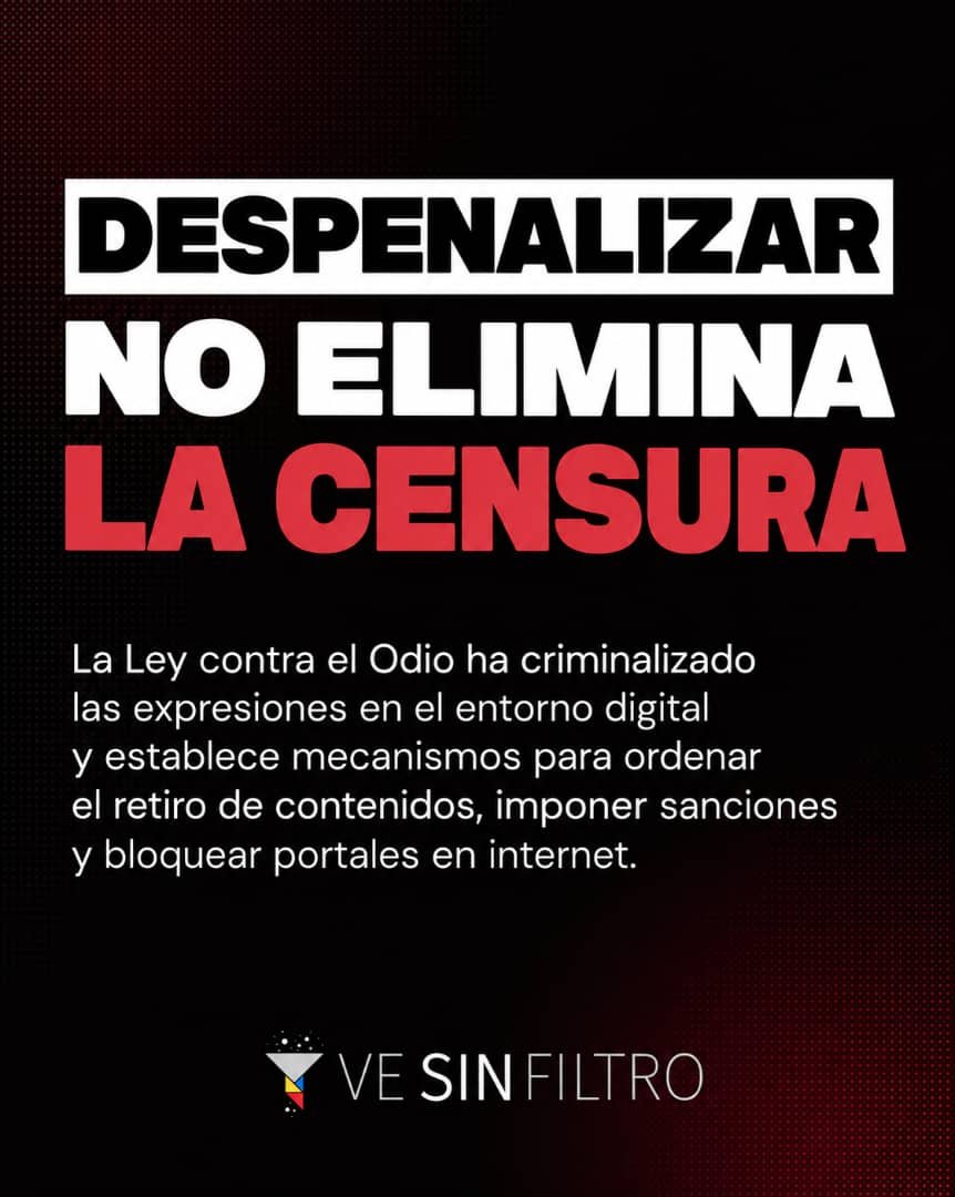 vesinfiltro's tweet photo. 🛑DESPENALIZAR NO ELIMINA LA CENSURA

La Ley contra el Odio ha criminalizado las expresiones en el entorno digital y establece mecanismos para ordenar el retiro de contenidos, imponer sanciones y bloquear portales en internet.

Su reforma debe eliminar estas formas de censura y garantizar el ejercicio pleno de la libertad de expresión en línea.