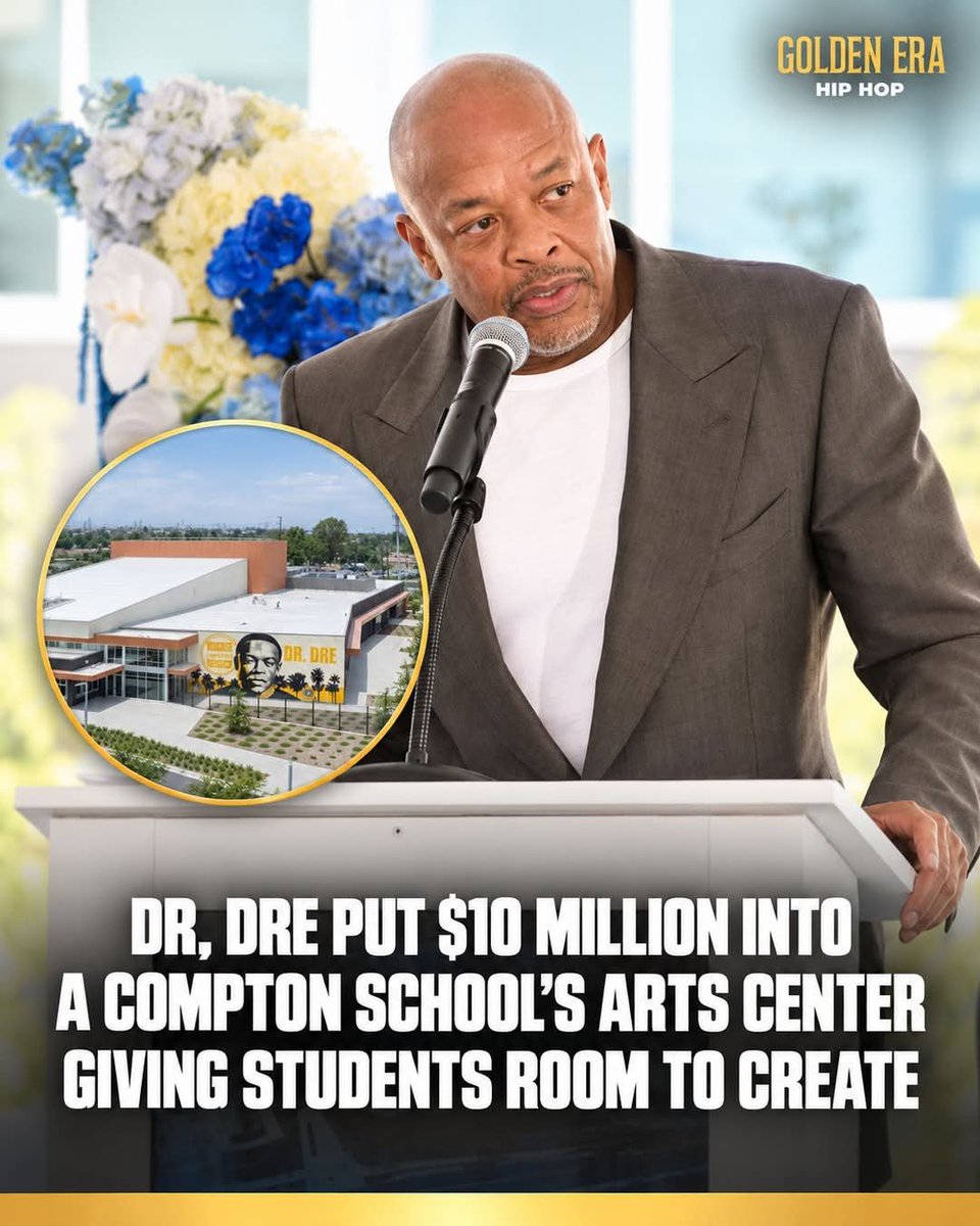 Toya3334L's tweet photo. Dr. Dre gave $10 million so kids in Compton could make music without leaving their own neighborhood 🎶

The Andre "Dr. Dre" Young Performing Arts Center opened with the new Compton High School campus on May 22, 2025. A 900-seat theater. Recording studios. Built inside a public school.

He came up in those same streets with none of this. No studio access, no stage, no equipment handed to him. He built everything from scratch and then turned around and built it for the next generation.

Now a kid from Compton can walk into a real recording studio during a school day. 👏

That's what giving back actually looks like. #DrDre #Explore #Explorepage #GoldenEraHipHop
