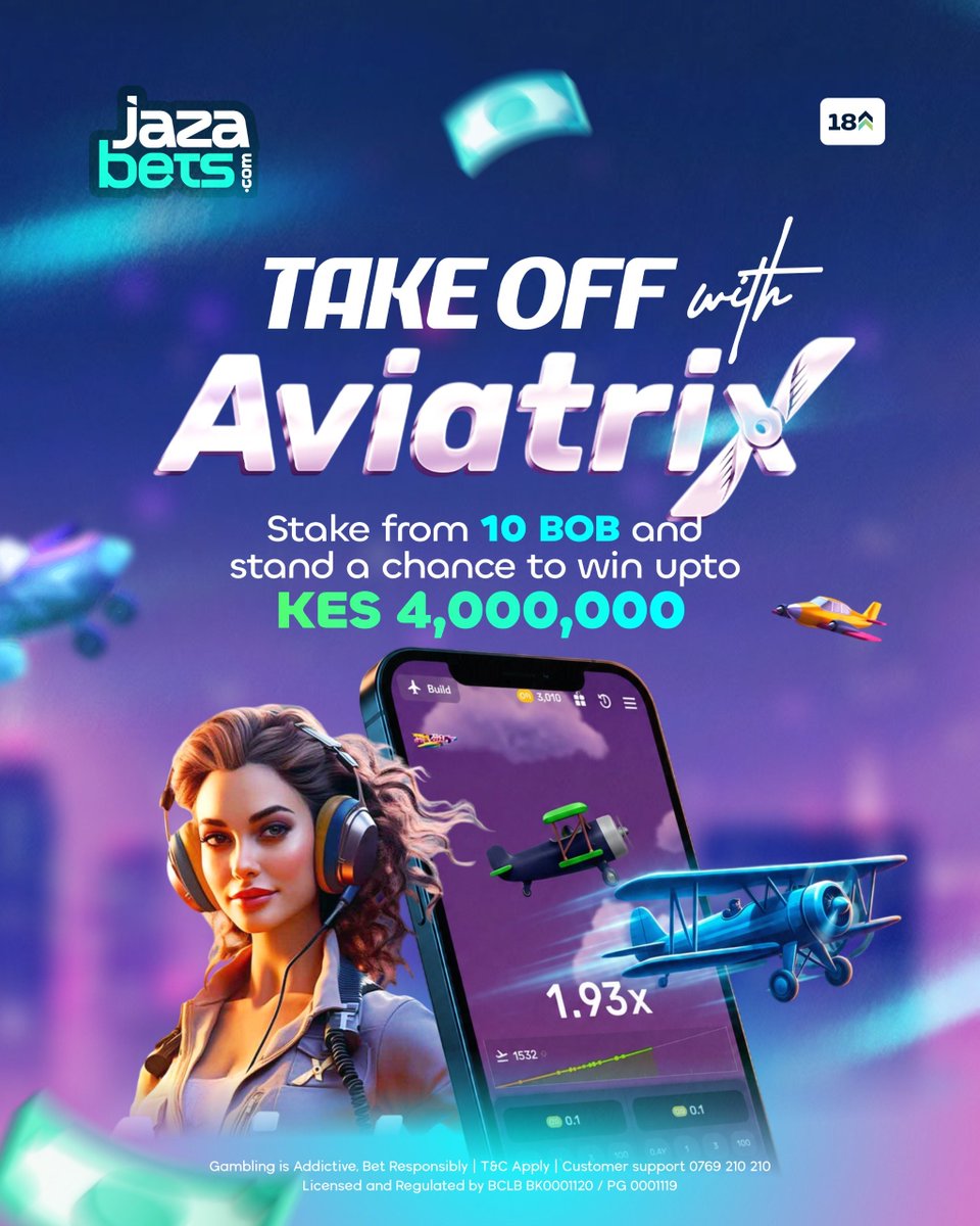 jazabets's tweet photo. Flight ya millions na Aviatrix! 

Weka 10bob tu, panda ndege kama boss, fly high ukichase madoo big time! Cash out mapema ama go all the way ushike upto KES4,000,000.

Play to Win👉 https://t.co/ktDJhujwoY

Register now na uanze safari ya ushindi! Play responsibly.

#Jazabets #Aviatrix