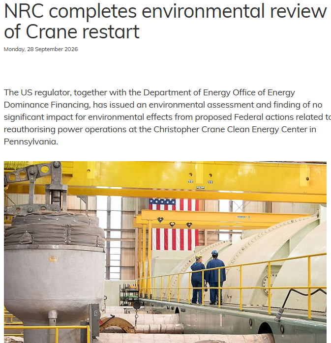 HopfJames's tweet photo. The NRC has finished its enrivonmental review of the Crane (TMI-1 reactor) restart project.  The finding was "no significant impact" (i.e., it passed).  Article link in reply.

It was a no-brainer.  The reactor was operating at the site for decades.

The real truth is that restarting the reactor will have a large positive environmental impact, as it will replace polluting fossil power generation.