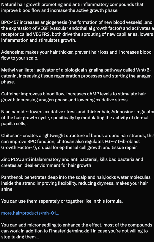 dex7gone's tweet photo. "not only does it nuke your DHT, muscle strength, and metabolism, but it also doesn't work in many cases."

no comment on that one 🤣

then the fix: 

10 natural copes, with a morehair link underneath. once again.

number one on the list is BPC-157.

search PubMed for BPC-157 + hair loss: 0 results.

finasteride for hair loss: 61 randomized controlled trials.

imagine your competition has so much clinical data that the only way to sell your product is to shit talk it to death.