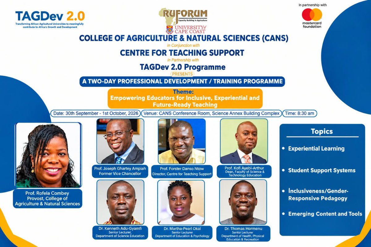 TAGDev_UCC's tweet photo. TWO-DAY PROFESSIONAL DEVELOPMENT &amp; TRAINING PROGRAMME

The College of Agriculture &amp; Natural Sciences (CANS), in collaboration with the Centre for Teaching Support and TAGDev 2.0 Programme, presents a transformative professional development programme. https://t.co/yv6GRTjo3u