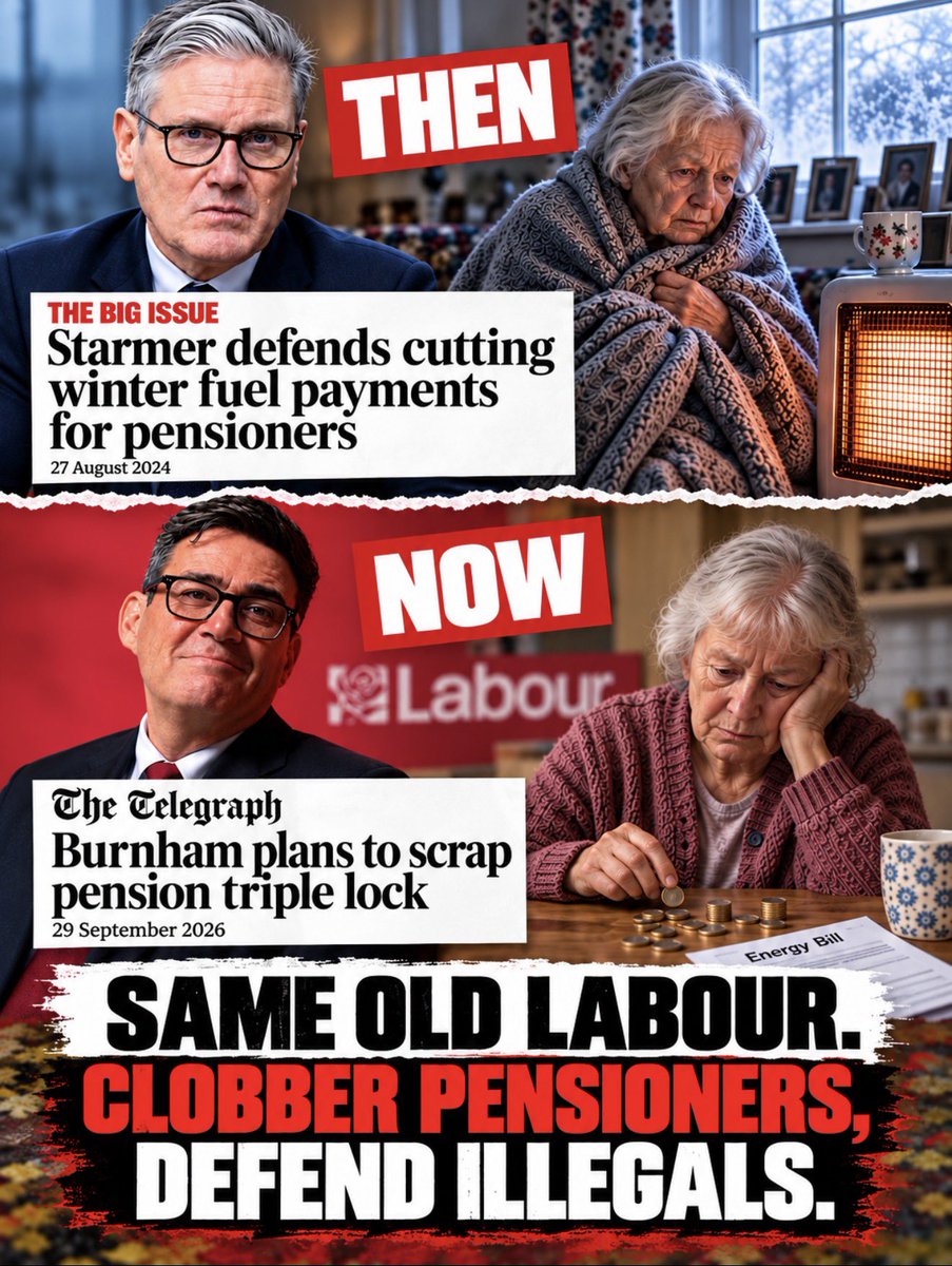 darrengrimes's tweet photo. Starmer: nicked the winter fuel payment.

Burnham: ending the pension triple lock.

Labour leaders come and go. The contempt for pensioners is permanent. Maybe our pensioners could get themselves in a dinghy? https://t.co/7NctwEUpum