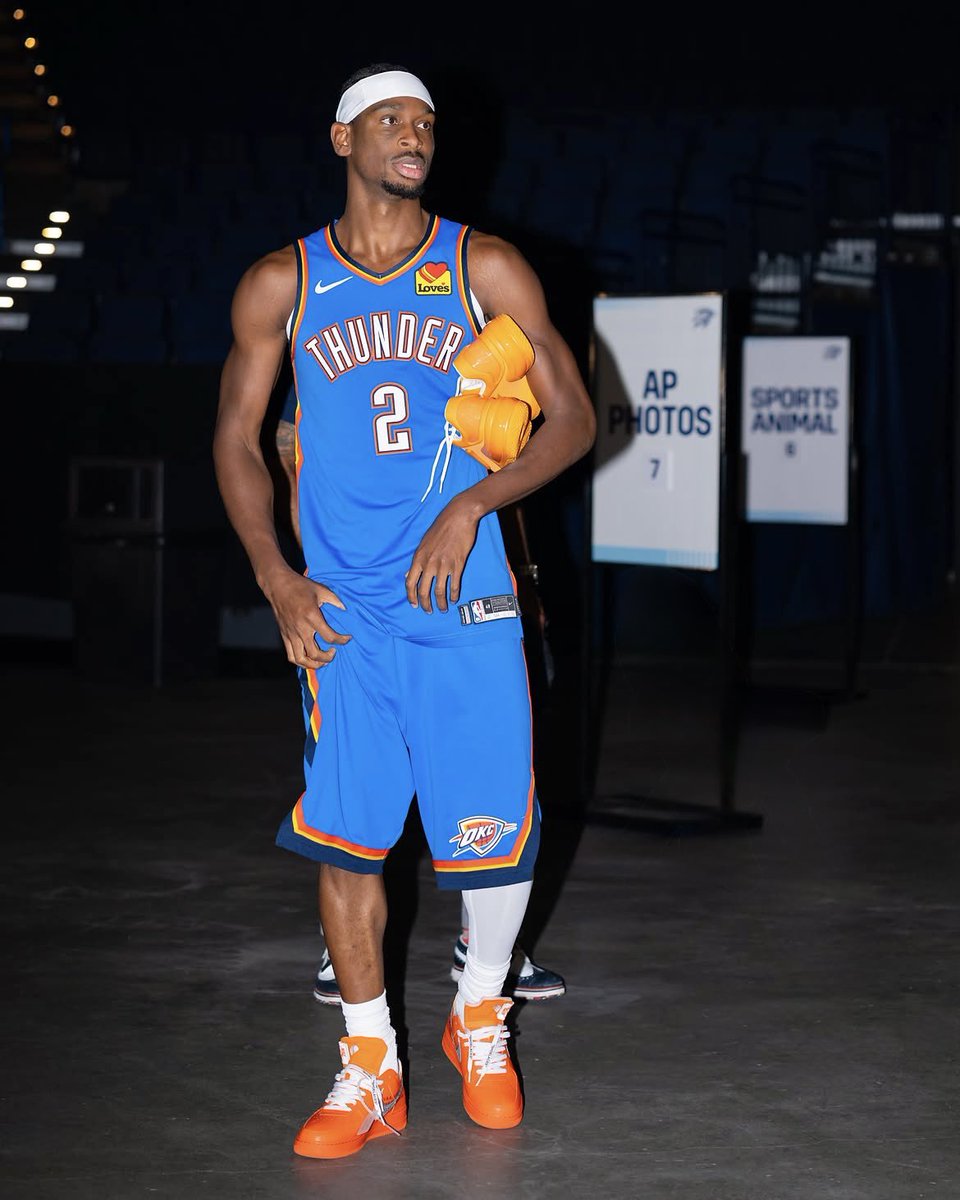 NickDePaula's tweet photo. Shai Gilgeous-Alexander debuted a new Nike-branded SHAI 001, along with a Virgil Abloh Archive x Nike AF1 at media day: https://t.co/pcmUR7O0Ce