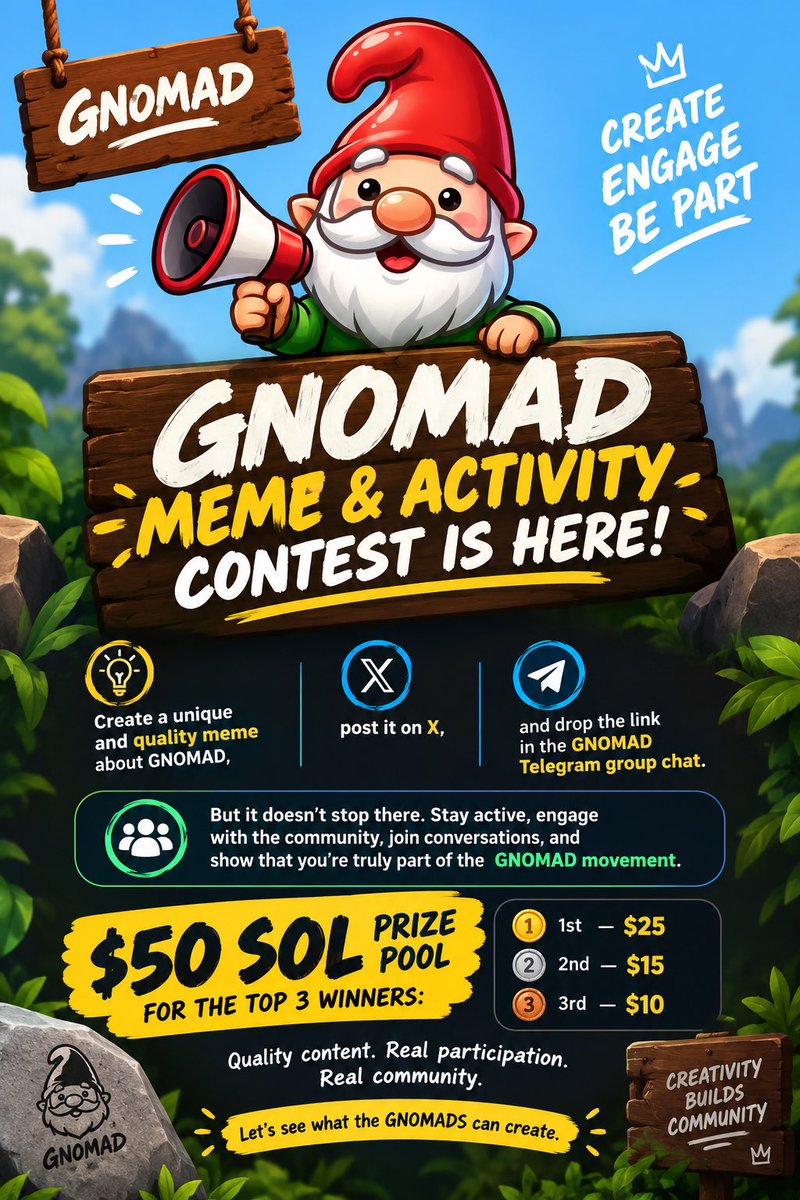 lesi_crypt's tweet photo. GNOMAD MEME & ACTIVITY CONTEST IS HERE!🔥

It’s time to put your creativity and community spirit to the test.

Create a unique and quality meme about @GNOMAD_Official , post it on X, and drop the link in the GNOMAD Telegram group chat; https://t.co/bXDfH9IXJi

But it doesn’t stop there. Stay active, engage with the community, join conversations, and show that you’re truly part of the GNOMAD movement.

Duration : 2 weeks from now 

$50 SOL prize pool for the Top 3 winners:

🥇 1st — $25
🥈 2nd — $15
🥉 3rd — $10

Quality content. Real participation. Real community.Let’s see what the GNOMADS can create.

#meme #contest #sol #crypto #web3