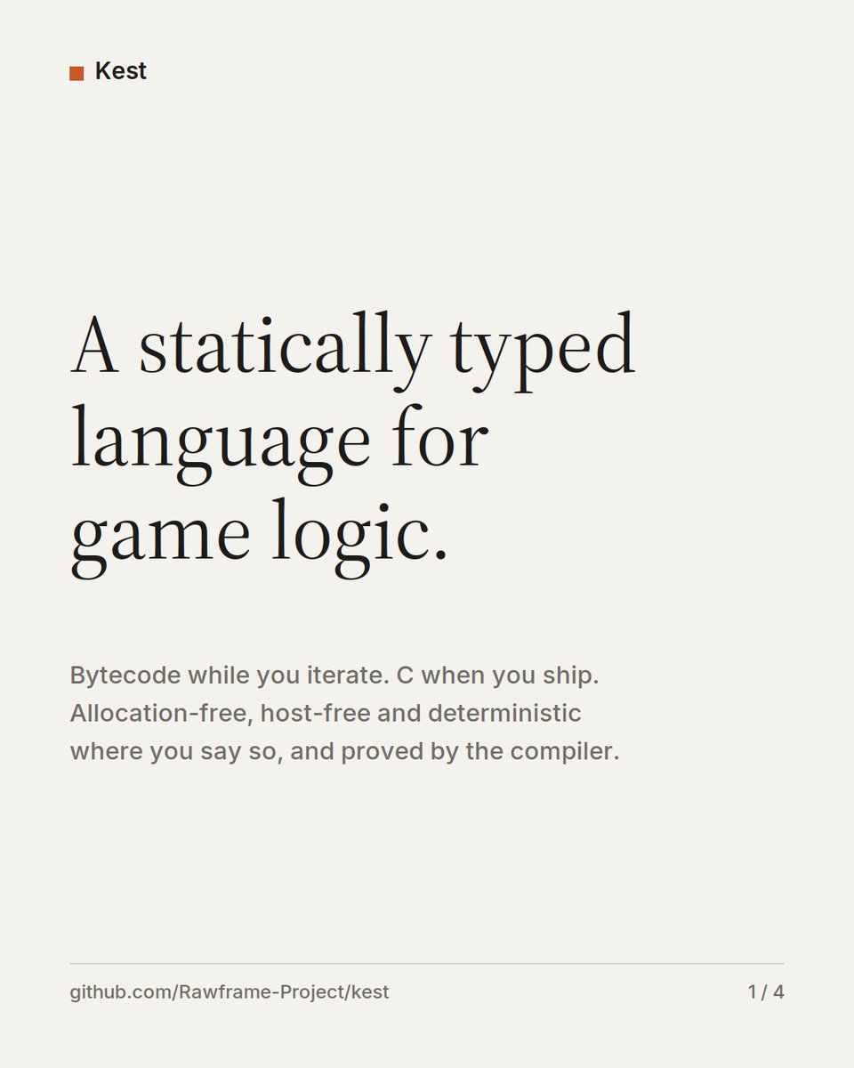siracozmen01's tweet photo. Kest is a statically typed language for game logic.

Bytecode while you iterate. Generated C for release.

Since the last post:
• Compiled: 2.4–5.2× faster than Luau's native code
• Interpreter: faster than Luau's on all five workloads
• A runaway loop in compiled code stops in 11 µs when the host asks
• Same answer on every platform, bit for bit

Open source, C11, zero dependencies.
🔗 https://t.co/fbYzLR31Od