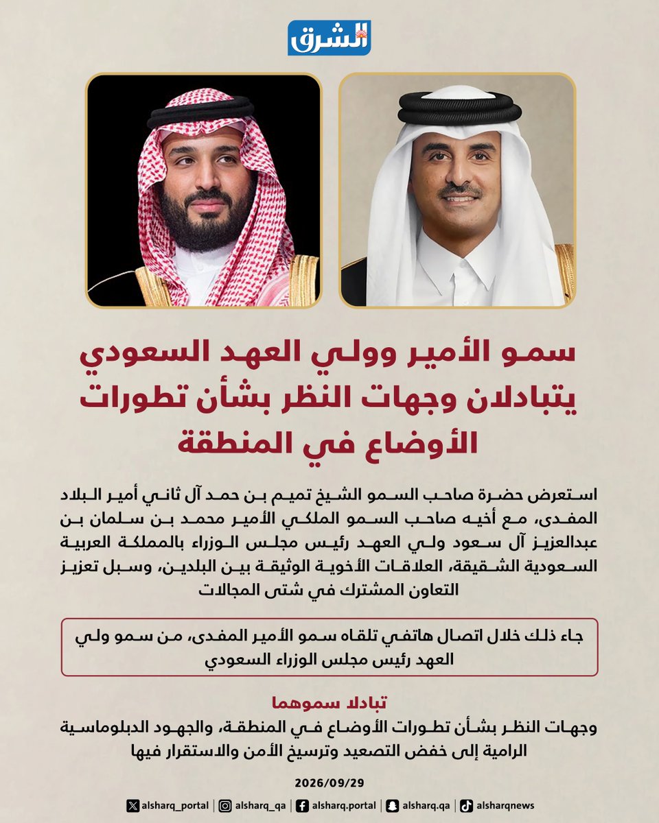 alsharq_portal's tweet photo. #انفوجرافيك #الشرق |
سمو الأمير وولي العهد السعودي يتبادلان وجهات النظر بشأن تطورات الأوضاع في المنطقة https://t.co/ARLvZbXMqD