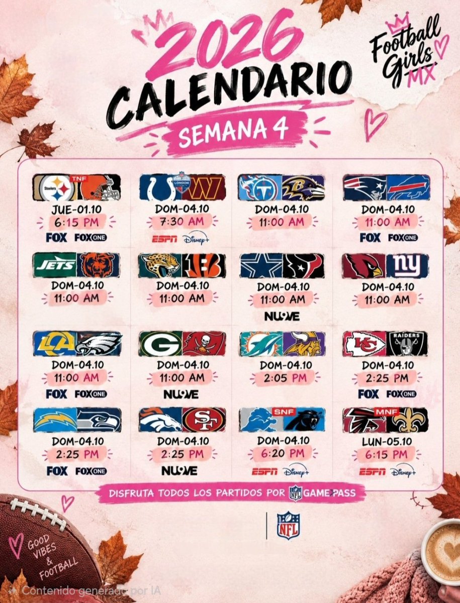 nflgirlsmx's tweet photo. ¡Llegó la Semana 4 de la #NFL!

✨ Esta semana tenemos de todo:
🇬🇧 El juego internacional desde Londres: Colts vs. Commanders
#SNF: Lions vs. Panthers
#MNF: Falcons vs. Saints

​Dinos en los comentarios: ¿cuál es el partido que más esperas? 👇 https://t.co/gN8MmTzUf0