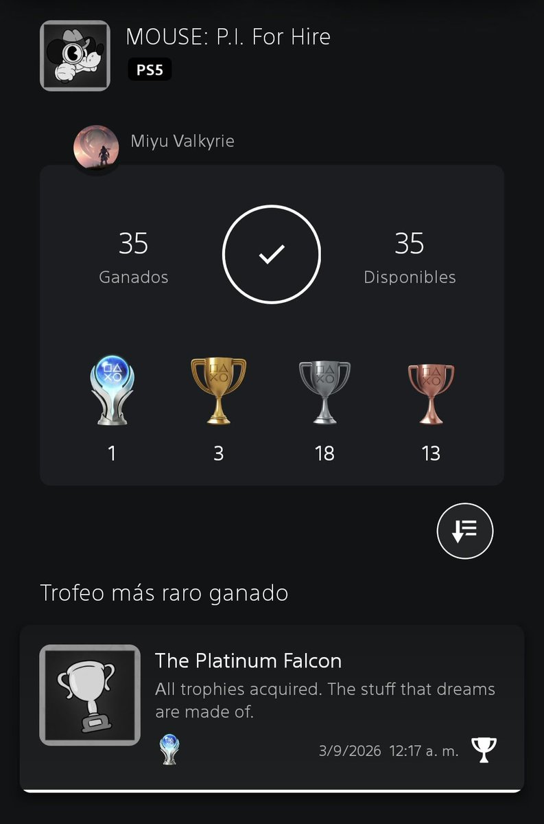 MiyuValkyrie's tweet photo. 🏆Platino conseguido No.84 #MousePIForHire 🖤

Lo disfruté muchísimo de principio a fin. Los escenarios, la ambientación y, especialmente, la banda sonora me encantaron🎶
Tiene muchísimo encanto y una estética cartoon de los años 30 que le queda increíble. 

#PlatinumTrophy #PS5 https://t.co/sdUtpRbZ6h