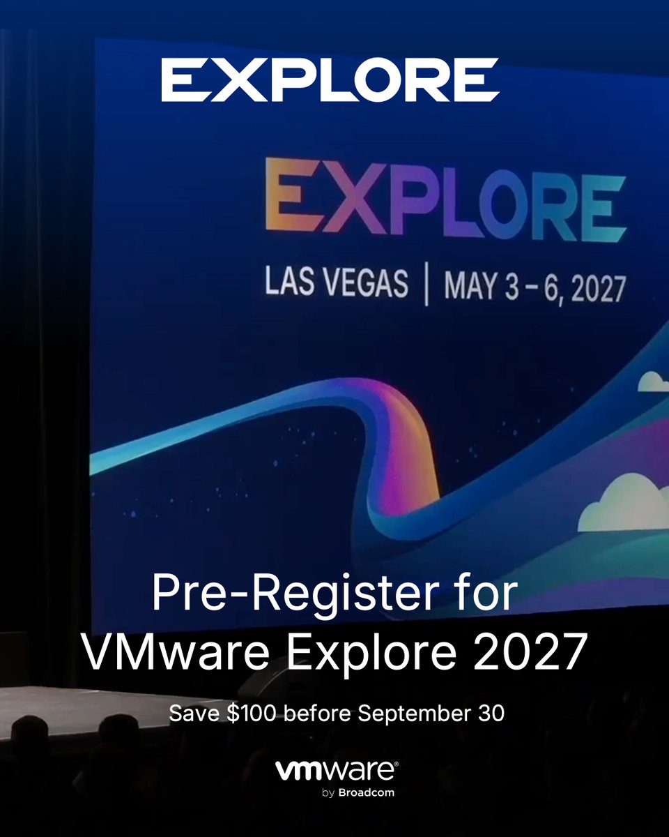 VMwareExplore's tweet photo. Tomorrow is the final day to pre-register for #VMwareExplore 2027 in Las Vegas and lock in an extra $100 off your event pass (for a total savings of up to $300 if you register during the early-bird period, starting in January).
Secure your rate: https://t.co/I87C9YuntT https://t.co/w5rEl0Yg6J