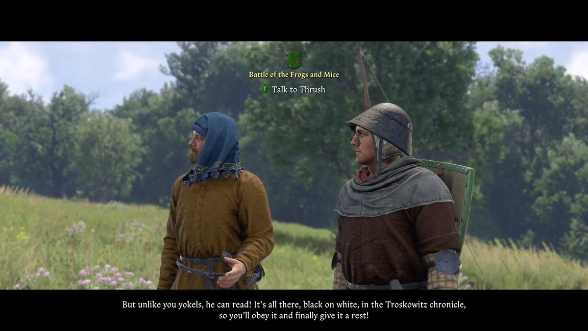 Two medieval characters stand in a grassy field with trees in the background; on-screen text reads "Battle of the Frogs and Mice" and "Talk to Thrush," with dialogue referencing the Troskowitz chronicle.