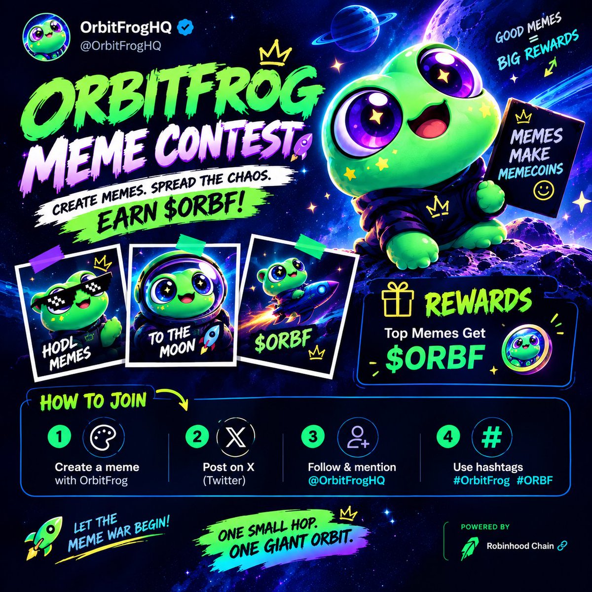 OrbitFrogHQ's tweet photo. πΈ ORBITFROG MEME CONTEST π
π₯ Create memes. Spread the chaos. Earn $ORBF!
π¨ Make an original OrbitFrog meme.
π¦ Post it on X & follow @OrbitFrogHQ
π·οΈ Tag #OrbitFrog #ORBF
π Top memes get $ORBF rewards!
π Let the meme war begin!
πΈ One Small Hop. One Giant Orbit. https://t.co/yXgUGHQNX3