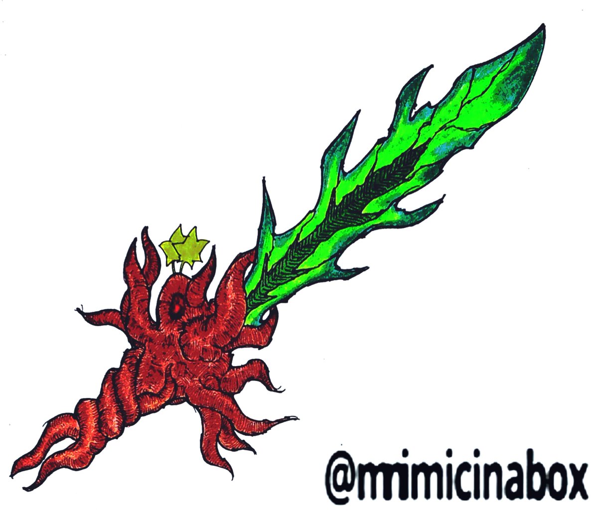Mimicinabox's tweet photo. 9th day of @faith_schaffer’s 2026 #Swordtember prompts: [Mandrake]
“Mors Viridis” - A magical sword created by nature; when a mandrake vomited  all of its venomous contents while still buried underground, then fossilized into a solid mass that could be sharpened.
#Swordtember2026 https://t.co/OpF0BjZ4V0