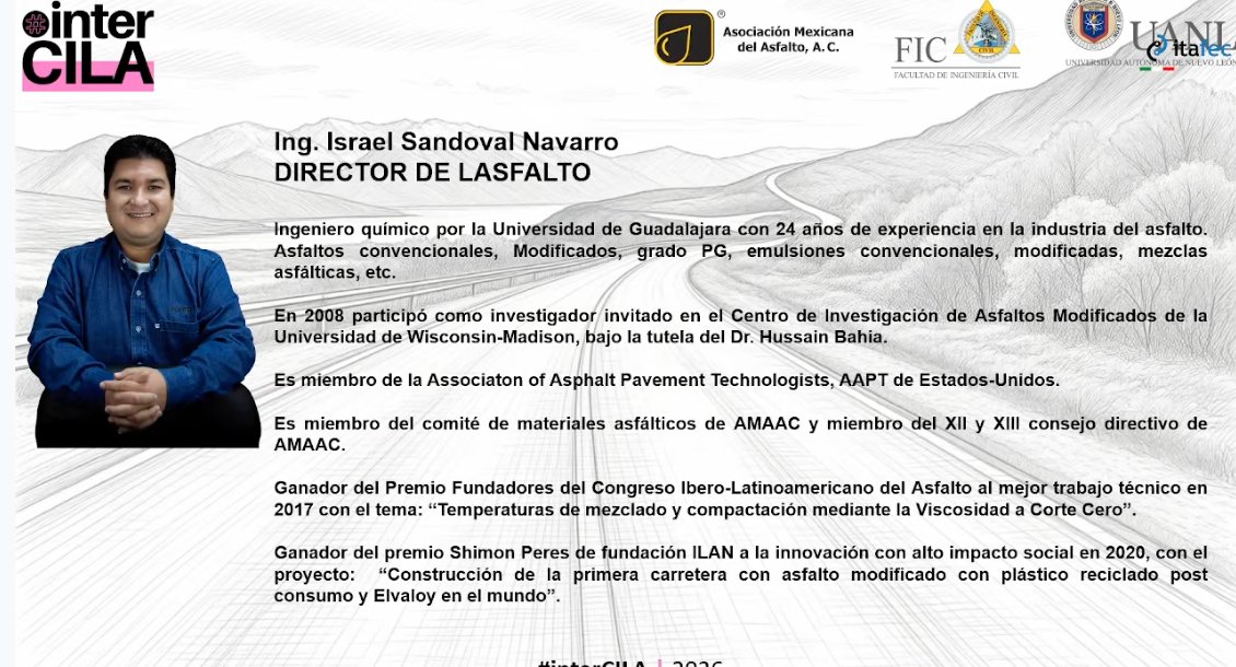 Perisandru's tweet photo. ¡ #InterCILA2026! Inicia su presentación Israel Sandoval Navarro con un tema clave para la calidad en pista. 🧵👇

 🧪 "Determinación de las temperaturas de mezclado y compactación mediante la viscosidad a corte cero". Una metodología esencial para optimizar el comportamiento del ligante y la durabilidad del pavimento. 🛣️

#InterCILA #Asfalto #IngenieríaVial #CILA #MezclasAsfálticas @perisandru @itafec_mx @interCILA