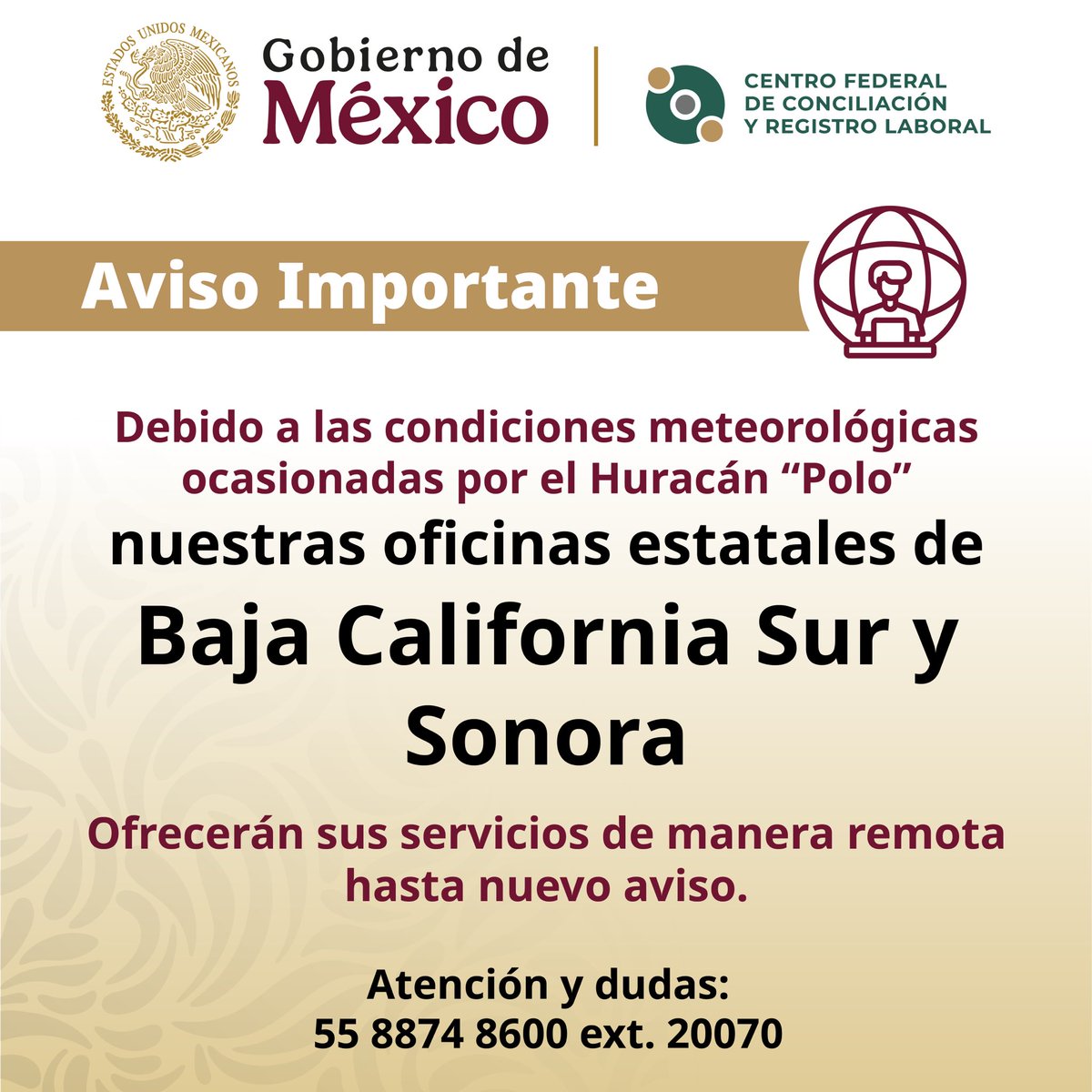 Centrofcrl's tweet photo. A nuestros usuarios de la #ComunidadCFCRL de los estados de Sonora y Baja California Sur, informamos que hoy martes 29 de septiembre de 2026, todas nuestras actividades se realizarán de manera remota debido a los efectos provocados por el fenómeno meteorológico #HuracánPolo . https://t.co/lrJvGGRv9t