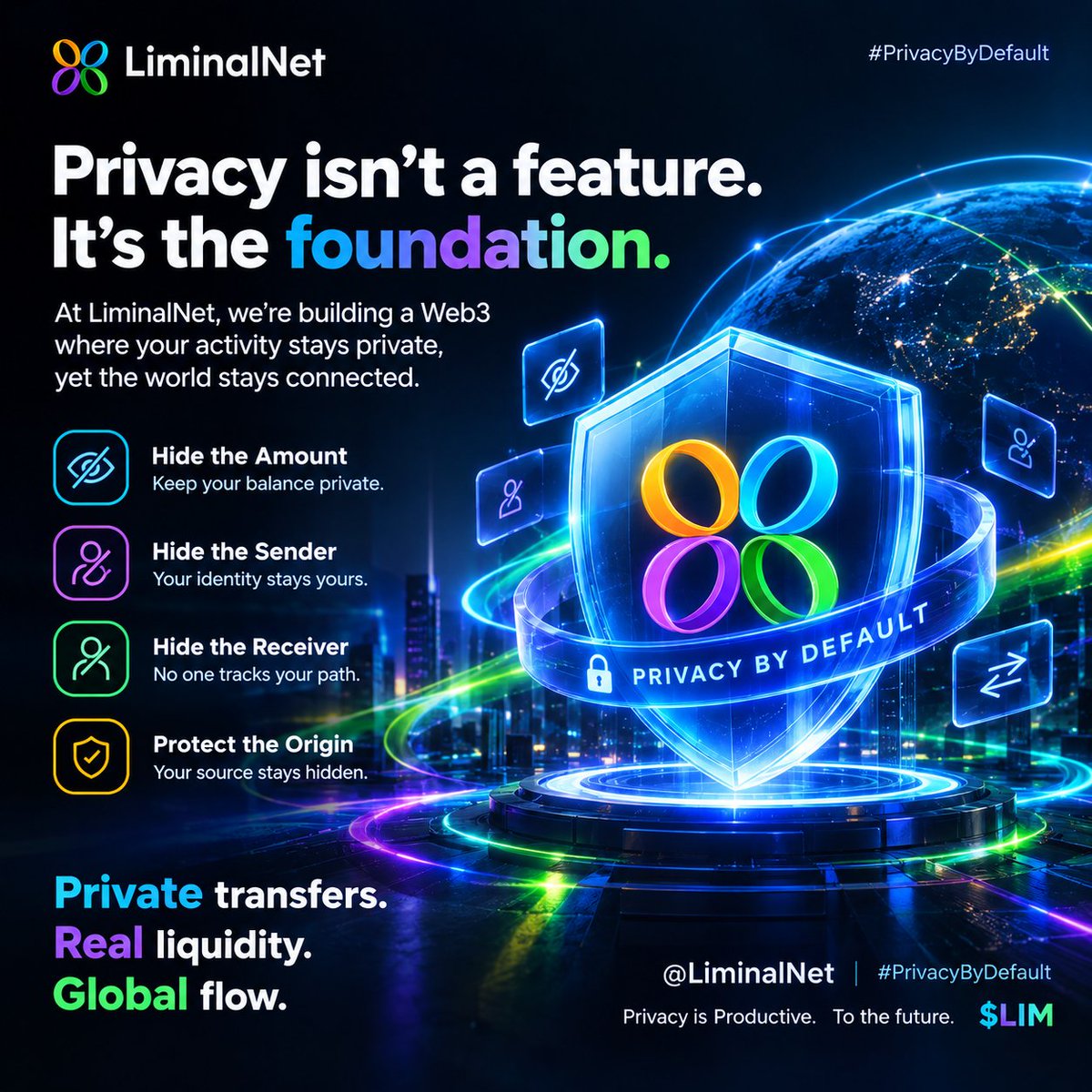 a_a_Adnan's tweet photo. Privacy shouldn’t mean isolation. 🔐

With @LiminalNet, Web3 can stay connected while keeping your activity private.

Private transfers.
Real liquidity.
Global flow.
Hide the amount. Hide the sender. Protect the origin.
Privacy is Productive. $LIM to the future. 🚀 https://t.co/LebgO4obkw