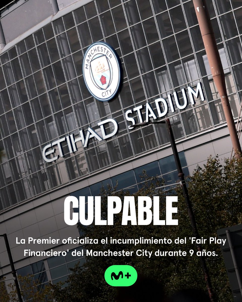 MPlusDeportes's tweet photo. 🚨 La Premier League ha declarado 𝐜𝐮𝐥𝐩𝐚𝐛𝐥𝐞 al 𝐌𝐚𝐧𝐜𝐡𝐞𝐬𝐭𝐞𝐫 𝐂𝐢𝐭𝐲 por incumplir durante 9 temporadas el 'Fair Play Financiero'.

El club tiene derecho a recurrir hasta el 2 de octubre y, posteriormente, si procede, se determinará la sanción.

#LaCasaDelFútbol https://t.co/np3ExSoq1s