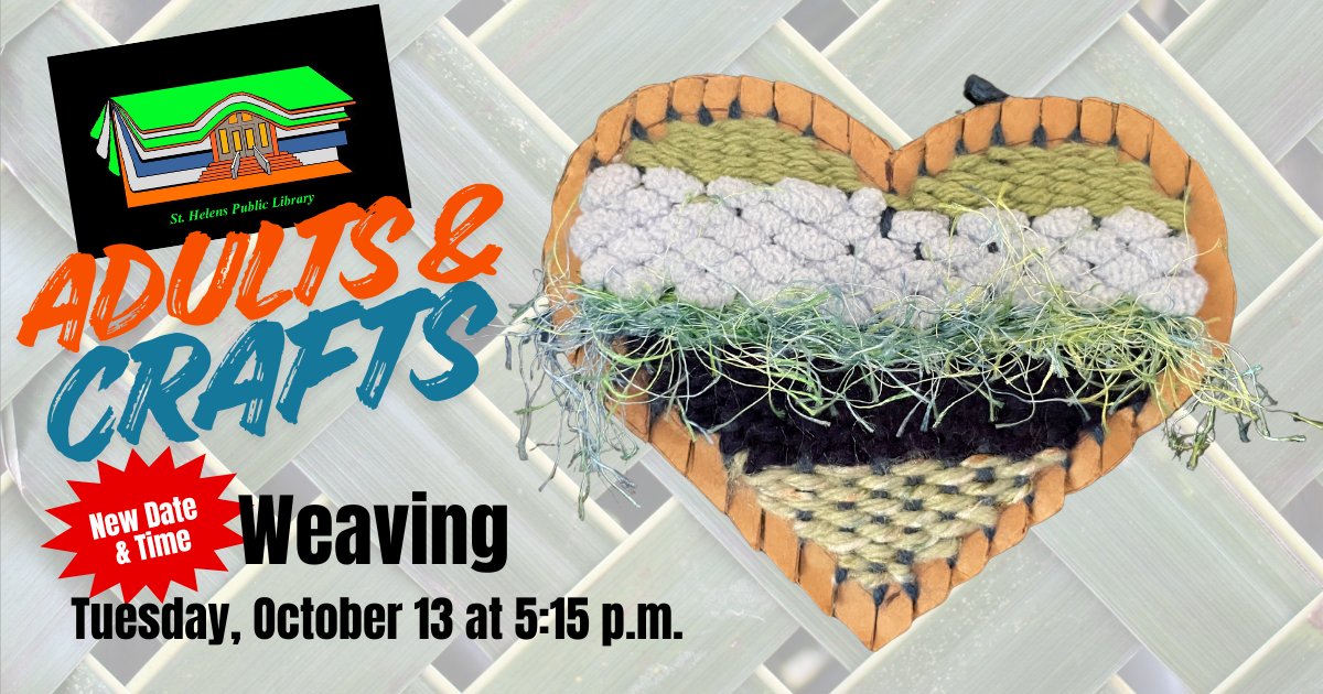 SHPublicLibrary's tweet photo. There are only a few spots left for our October 13 Adults and Crafts program. Register to secure a spot as we make a woven cardboard heart: https://t.co/1dtVER0sgK https://t.co/EZ2z6uOpsI