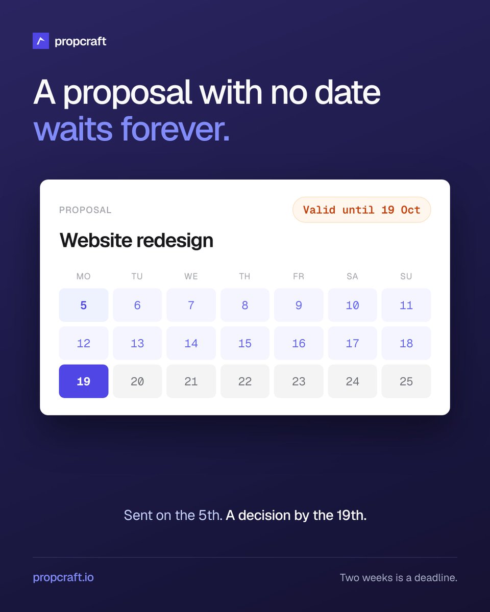 propcraftio's tweet photo. A proposal with no end date tells the client there's no hurry.

Every PropCraft proposal has a valid until date. Two weeks is usually enough to decide, and short enough that someone actually does.

https://t.co/9rEdp7kVPi https://t.co/KAEo6Wf0tv