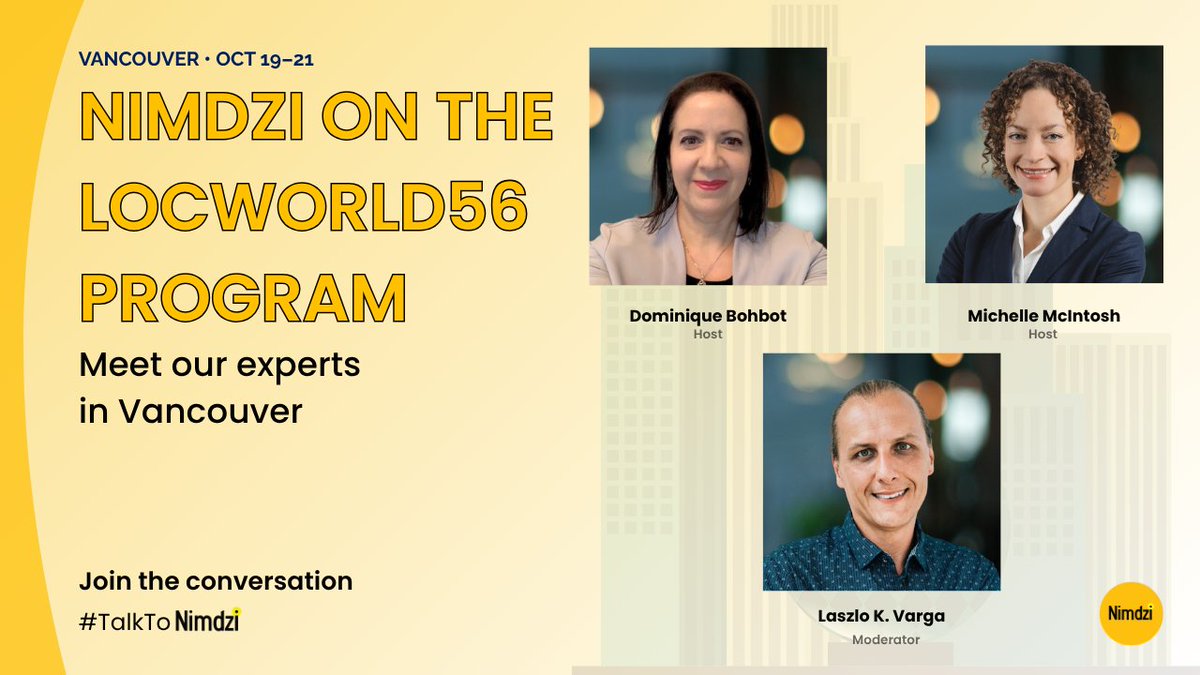 Nimdzi_Insights's tweet photo. The Nimdzi team isn’t just heading to #LocWorld56—we’re joining the conversations on the program. 🎤
Dominique Bohbot, Laszlo K. Varga, and Michelle McIntosh will host and moderate discussions in Vancouver, bringing their expertise to some of the questions shaping localization, AI, and global business today.
📍 Vancouver | October 19–21
Attending @LocWorld? Connect with our experts and let’s continue the conversation in person.
#TalkToNimdzi #Localization #LanguageTechnology #GlobalBusiness