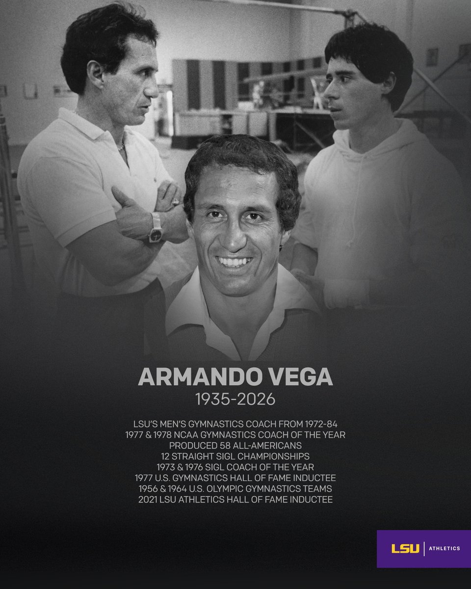 LSUsports's tweet photo. LSU Athletics announces the passing of legendary former Men's Gymnastics Coach Armando Vega, a Hall-of-Famer and 2-time NCAA Gymnastics Coach of the Year.

🔗 - https://t.co/W9kDzFnR5i https://t.co/CyCgXzgB3R