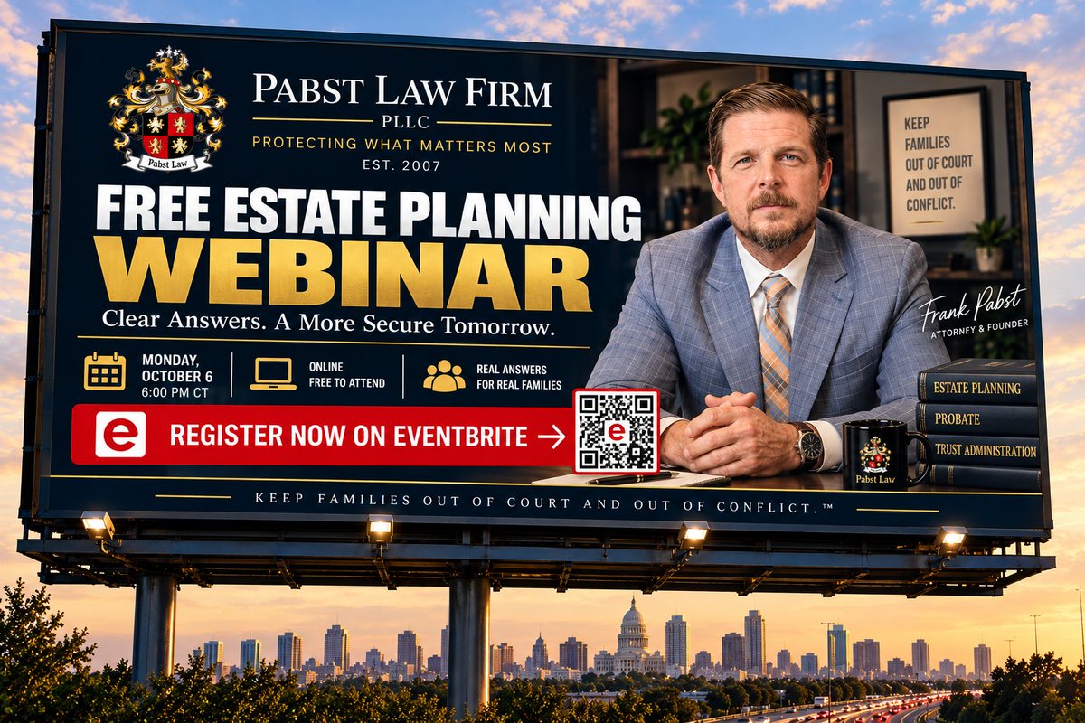 Pabstlaw's tweet photo. ONE WEEK TO GO!
Join me Monday, October 6 at 6 PM CT for a FREE Estate Planning 101 webinar.
We’ll talk wills, trusts, protecting your family, and how to avoid thinking you’re protected when you actually aren’t.🎟️ 
Register FREE:
https://t.co/EYrpqHe6Yn https://t.co/iENxfTiZOO