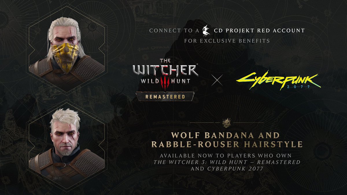 CyberpunkGame's tweet photo. New look, same White Wolf. Just a little more punk 🤟

Complete the list of tasks below and get the Wolf Bandana and Rabble-Rouser hairstyle for Geralt!

✅ Connect to CD PROJEKT RED Account
✅ Own Cyberpunk 2077
✅ Own The Witcher 3: Wild Hunt – Remastered

Deets at https://t.co/pvDY32HHc7