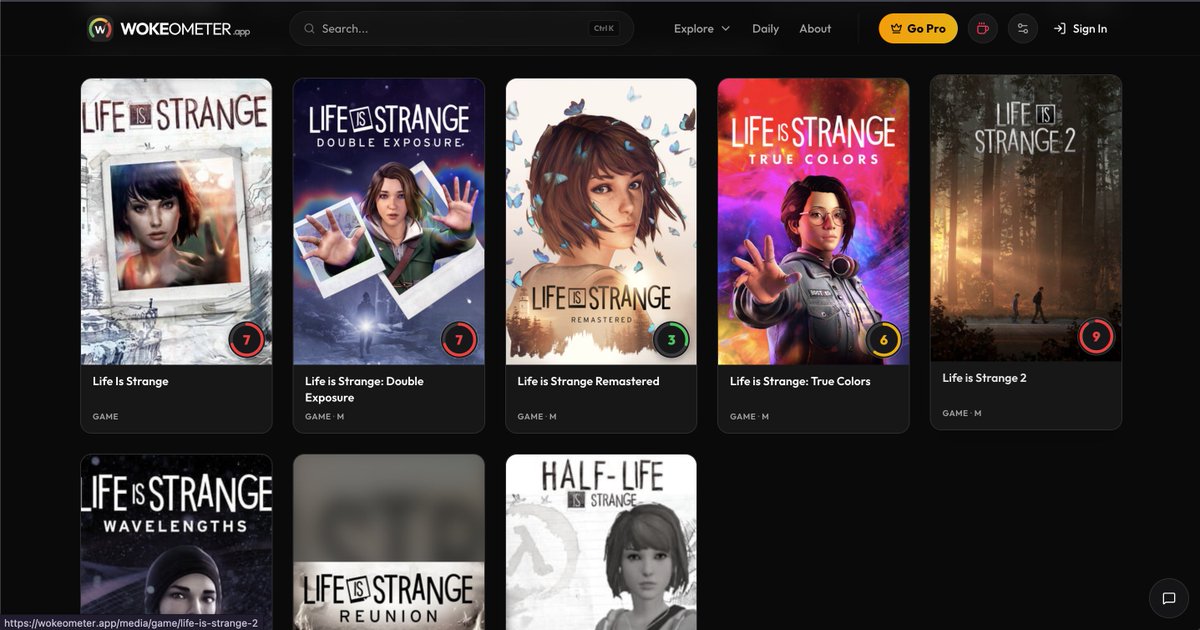 AdnanRiaz9's tweet photo. The Life Is Strange franchise is one of the many gaming titles/series added to a new website called ‘Wokeometer.’

You think I might be kidding, but unfortunately, I am not.

They review different content, from games to movies to TV shows, based on their level of 'wokeness.' https://t.co/WV8MNJgZzs