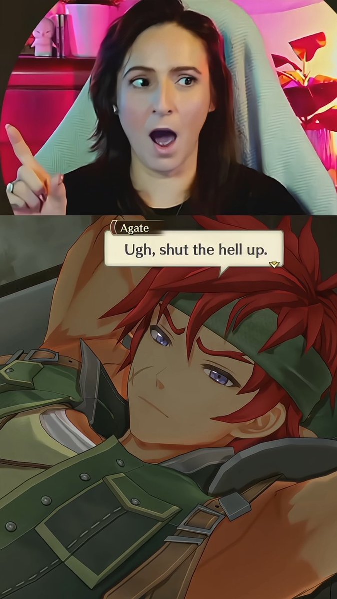 A split image showing a woman reacting with surprise in the top panel, and a video game character named Agate saying "Ugh, shut the hell up." in the bottom panel.