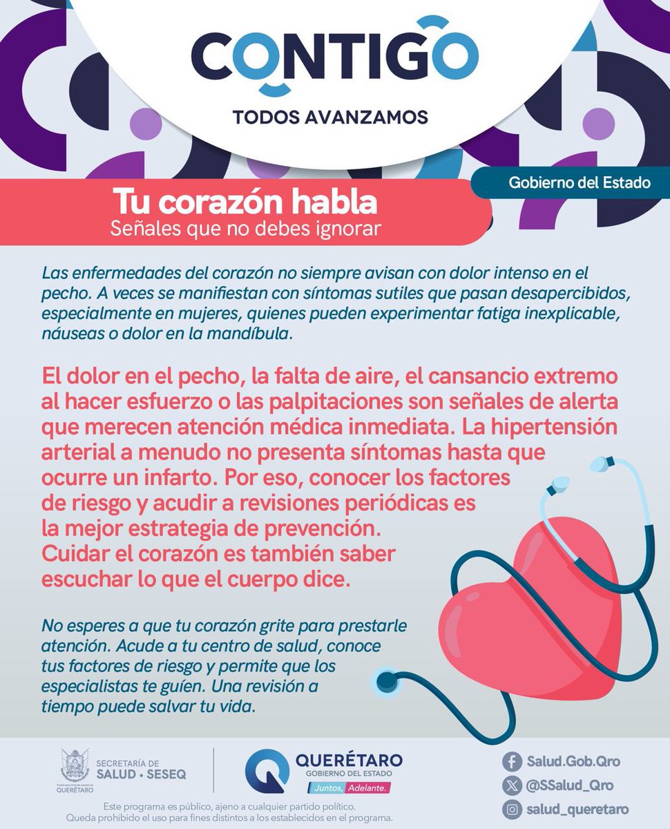 SSalud_Qro's tweet photo. #DolorEnElPecho, #FaltaDeAire o #CansancioExtremo no son normales. En #Mujeres, los síntomas pueden ser #Náuseas o #DolorEnLaMandíbula. La #HipertensiónArterial es silenciosa. Conoce #FactoresDeRiesgo y acude a #RevisionesMédica. ¡Una revisión a tiempo salva vidas! #AquíContigo https://t.co/aDse1OUNlk