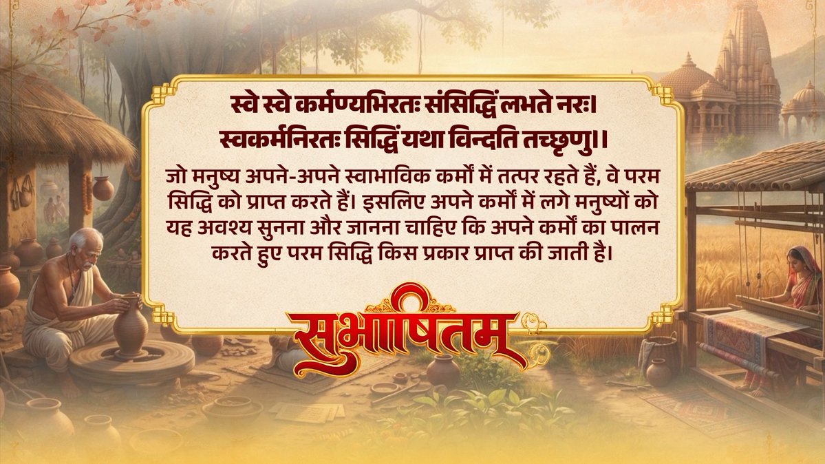 The image displays a Sanskrit verse with Hindi translation, prominently featuring the text "स्वे स्वे कर्मण्यभिरतः संसिद्धिं लभते नरः। स्वकर्मनिरतः सिद्धिं यथा विन्दति तच्छृणु।" along with the word "सुभाषितम्" at the bottom. The background depicts traditional Indian village scenes, including a potter working at a wheel and a woman at a loom, visually illustrating the verse's message about achieving perfection through dedication to one's own work or duty (karma).