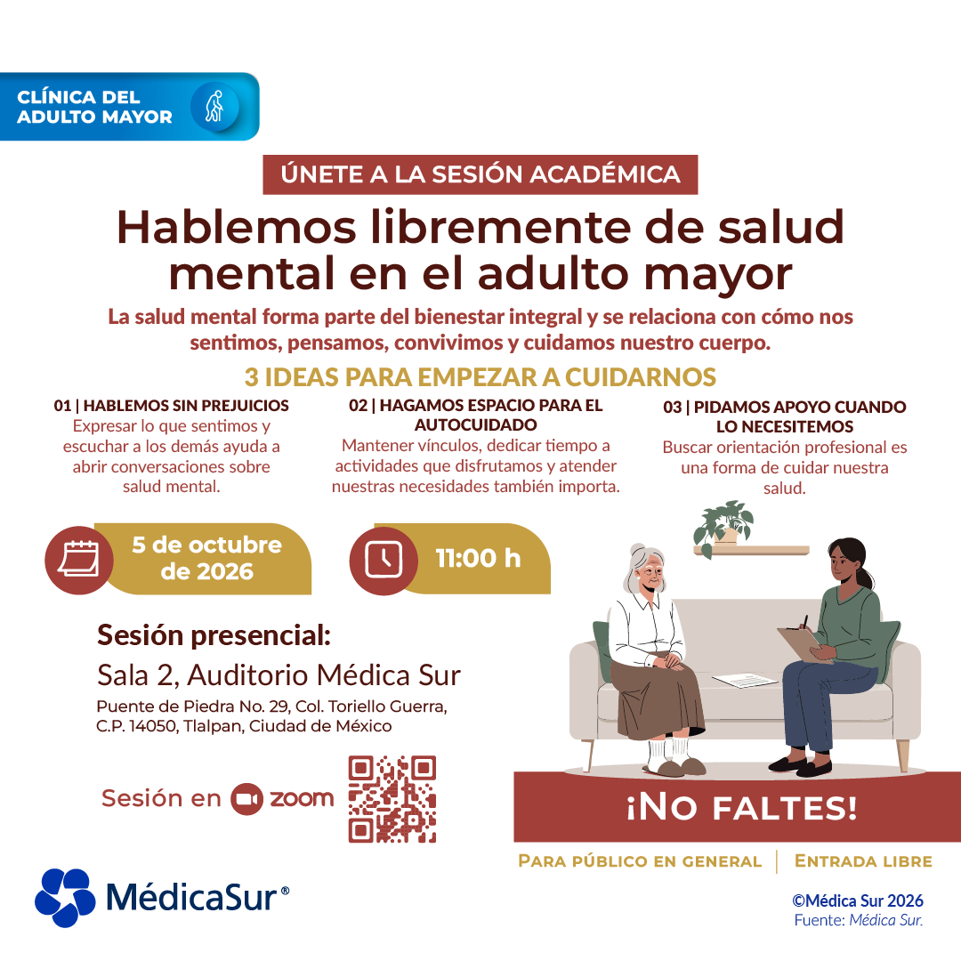 medicasur's tweet photo. Hablar de salud mental también es cuidarnos. 💬

Te invitamos a la sesión académica “Hablemos libremente de salud mental en el adulto mayor”. 

📅 5 de octubre de 2026, 11:00 h
📍 Sala 2, Auditorio Médica Sur, Ciudad de México
💻 También puedes participar por Zoom
https://t.co/M9y8RYq9MZ

Entrada libre y abierta al público en general. ¡Te esperamos!