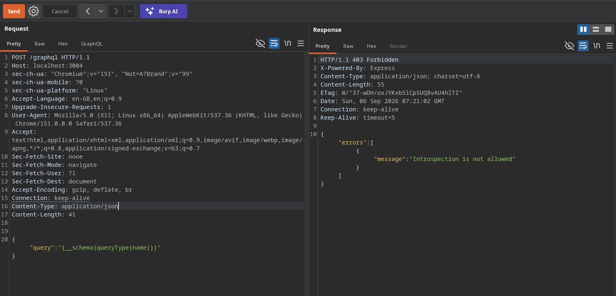 WebSecAcademy's tweet photo. Sometimes, disabling the introspection is implemented as a regex against __schema keyword.

A simple newline character can be enough to create a discrepancy between the filter and the parser.

For GraphQL, whitespace is insignificant, but the regex will stop matching after that!

Try it out in the lab 👇
https://t.co/Tp50mK7qNl