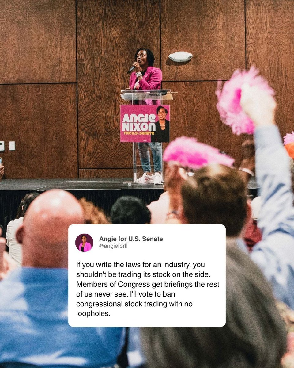 AngieNixon's tweet photo. In 2020, members of Congress got private briefings on the pandemic and some sold stock right after. Weeks later the market crashed and the rest of us took the hit.

I'll vote to ban congressional stock trading with no loopholes.
#AngieForFlorida https://t.co/9x6hV6q6D7