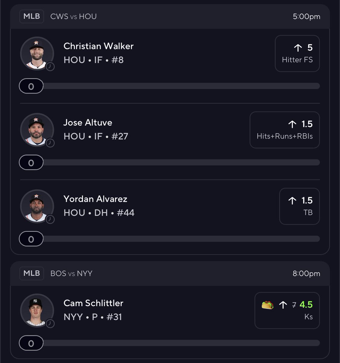 ShadowPicksHQ's tweet photo. $100 TO A RANDOM LIKE IF WE GO 4/4 💛

10X MLB MINI STACK (ASTROS) 😈 

- Yordan Alvarez O 1.5 TB
- Christian Walker O 5.0 FS 🔒 
- Jose Altuve O 1.5 HRR 🔥 
- Cam Schlittler O 4.5 Ks Taco 🌮 

PrizePicks about to limit me again 👀

TAP ♥️ TO ENTER 

RT FOR ANOTHER ENTRY 🤑 https://t.co/2PQSQCPbZy