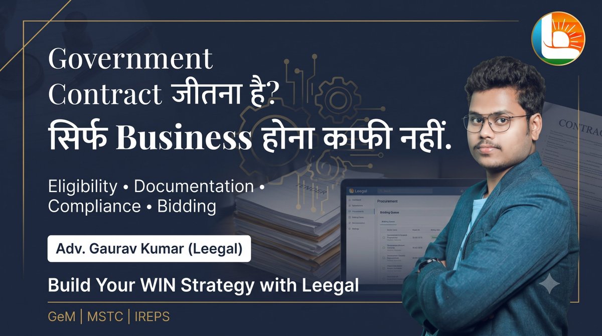 leegalindia's tweet photo. Government Contract जीतना है? सिर्फ Business होना काफी नहीं. 🇮🇳

Before bidding, check:

✓ Eligibility
✓ Documentation
✓ Compliance
✓ Bidding Strategy
GeM | MSTC | IREPS | Tender Advisory
Build your Government Contract strategy with Leegal — The Legal Solution. https://t.co/7rsVXwmgQx