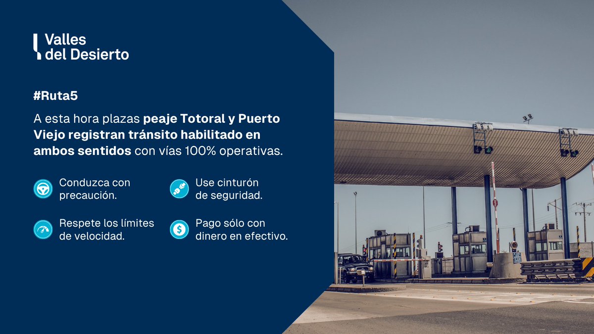 VallesDesierto2's tweet photo. #VallesDelDesierto 👉 A esta hora plazas de peaje #Totoral y #PuertoViejo registran tránsito habilitado en ambos sentidos. 💵 Recuerda que el pago del peaje es sólo con dinero en efectivo. El uso del cinturón de seguridad es obligatorio. #Ruta5 #Atacama #Vallenar #Caldera https://t.co/7T9YofB8an