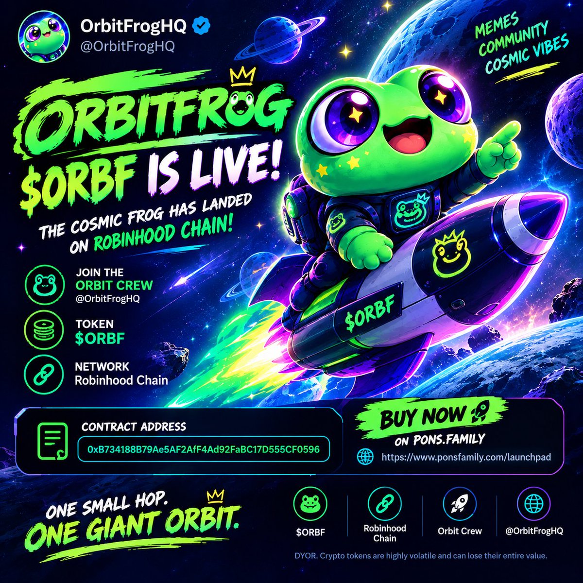 OrbitFrogHQ's tweet photo. πΈπ ORBITFROG ($ORBF) IS LIVE! π
The cosmic frog has landed on Robinhood Chain! π
πΈ Join the Orbit Crew: @OrbitFrogHQ
πͺ Token: $ORBF
π Network: Robinhood Chain
π Contract Address:
0xB734188B79Ae5AF2AfF4Ad92FaBC17D555CF0596
#OrbitFrog #ORBF #RobinhoodChain https://t.co/G4OgPIjNsx