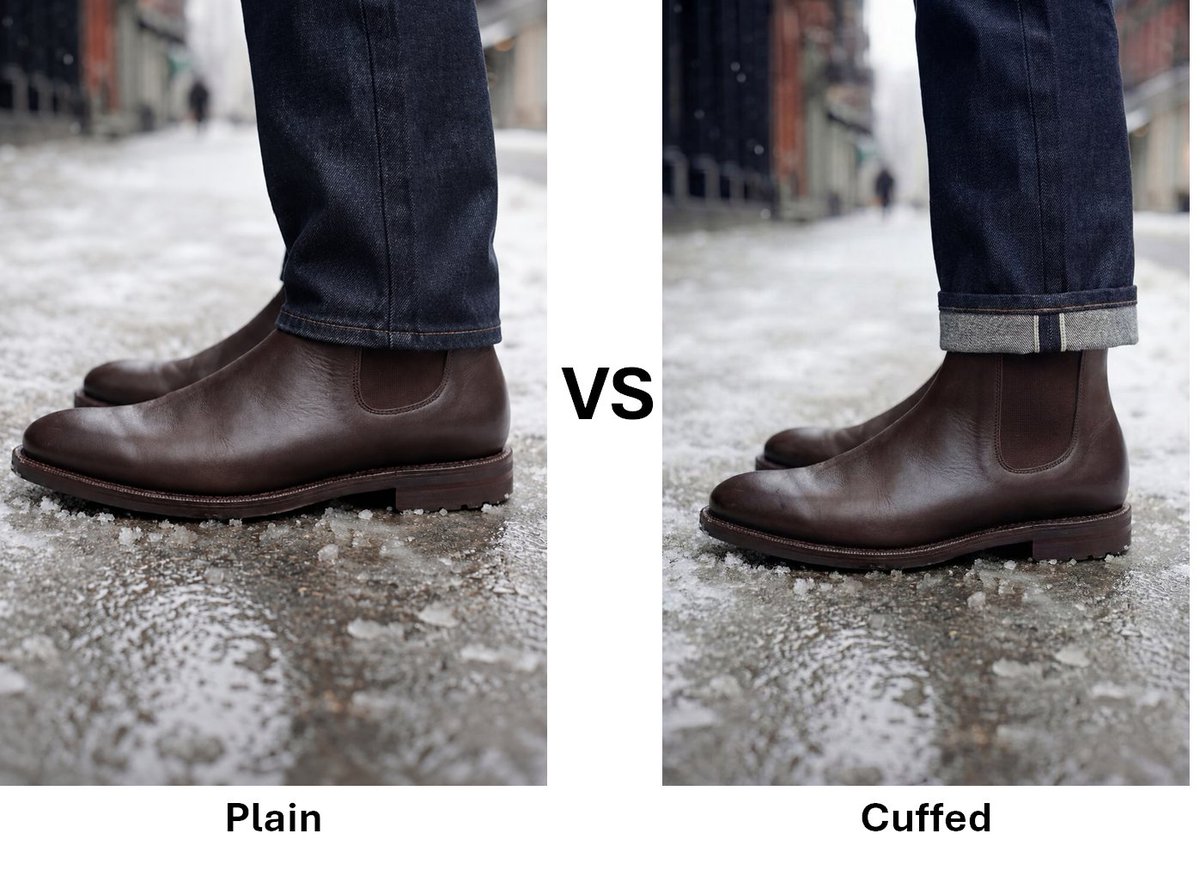 WellBuiltStyle's tweet photo. Should you cuff your denim jeans when wearing them with boots?

You certainly don't have to, but I prefer this, especially with selvedge denim. Couple of reasons: 

1) Cuffing allows you to highlight your "selvedge ID". Selvedge denim is of higher quality and the distinctive self-finished edge you see over the seam is the trademark. 

2) Cuffing allows you to highlight your boots, especially a pair of Chelseas. Cuffing also gives you a better of contrast and adds some visual weight to the end of your leg which creates a nice balance with the boots.