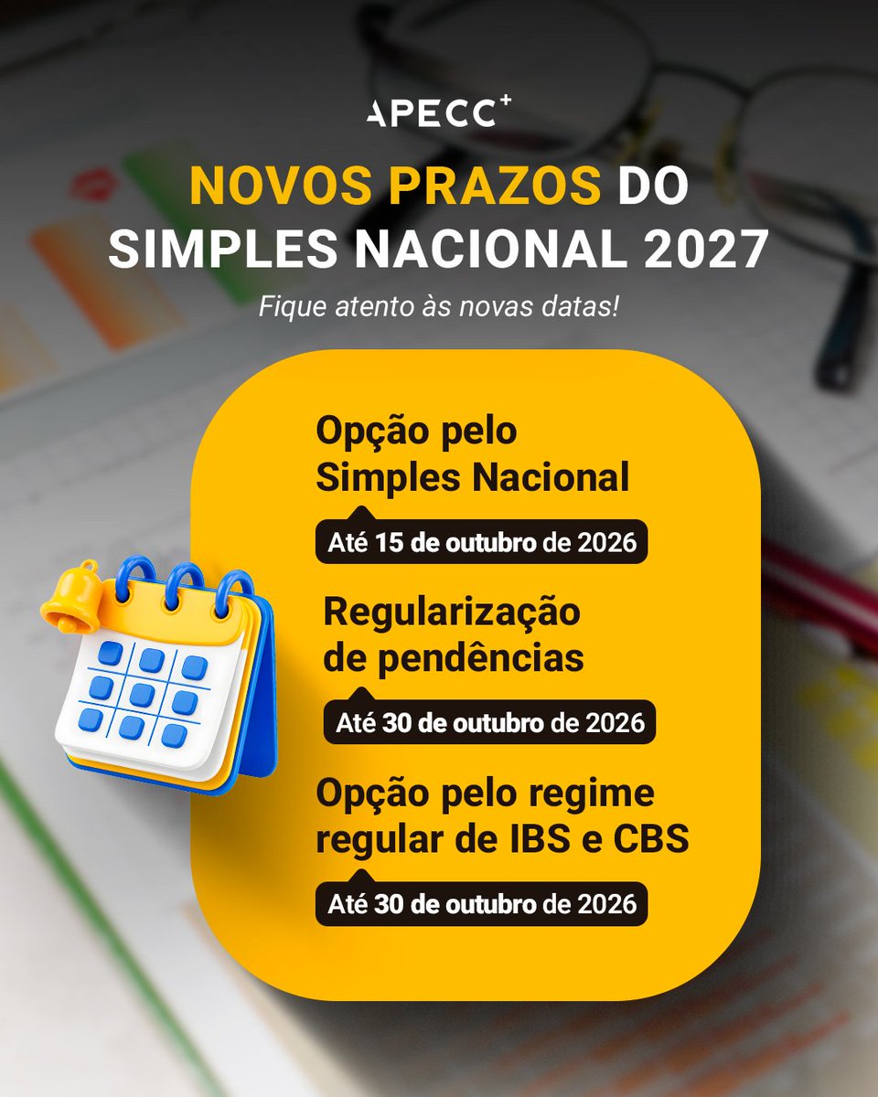 apeccoficial's tweet photo. 🚨 Atenção, empresas do Simples Nacional! Os prazos para 2027 mudaram.
🗓️ Opção pelo Simples: até 15/10/2026
💰 Regularização de pendências: até 30/10/2026
📊 IBS e CBS: opção pelo regime regular até 30/10/2026
Salve e compartilhe! #APECC #SimplesNacional #ReformaTributaria https://t.co/UT7uEs9gnT