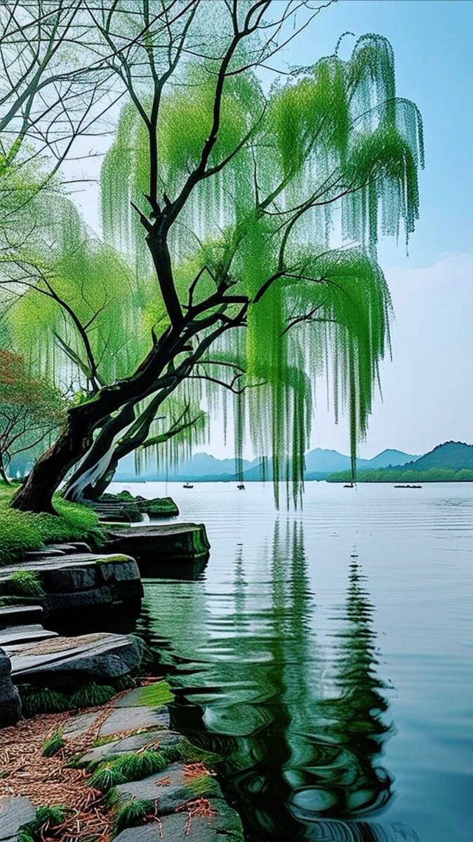 c85fbrix957's tweet photo. The lotus pond by the stream under the morning sun: elegant reeds sway, the clear water reflects the old tree, and the fresh air carries the scent of mud. https://t.co/gUFhNEgd5o