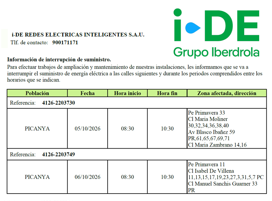 aPicanya's tweet photo. Iberdrola anuncia talls de subministrament elèctric.
Dies 5 i 6 d'octubre als carrers indicats. https://t.co/KX1thtyS8F
